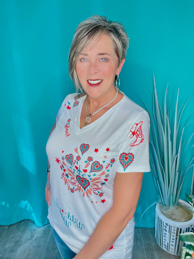 White Wild West T-Shirt Top with Western Cowgirl Flare Hearts