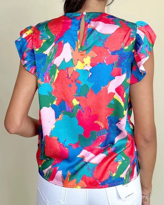 Blue & Red Multicolor Abstract Flutter Cap Sleeve Blouse