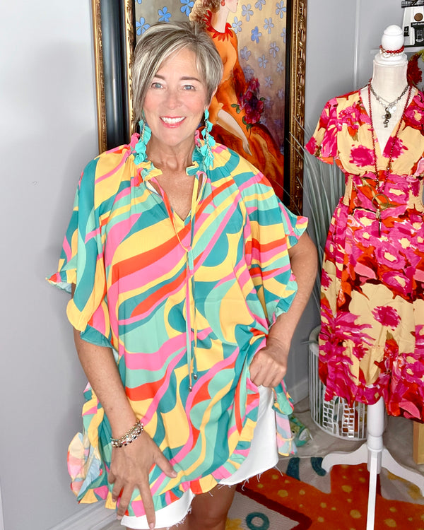 Multi Graphic Yellow, Turquoise & Pink Ruffle Edge Pancho Style Flowy Top