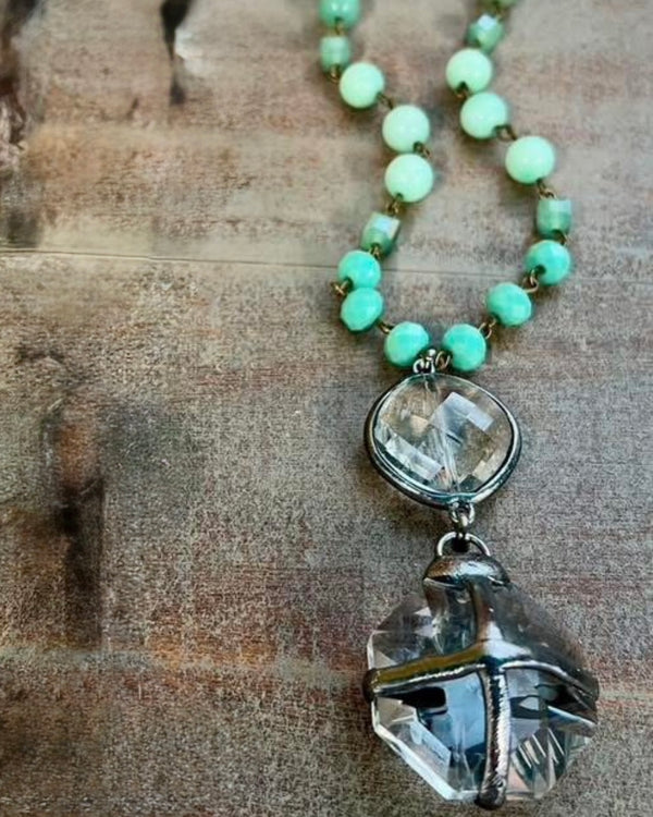 Crystal Round Pendant Necklace on Vintage Style Link Chain with Blue Color Beads