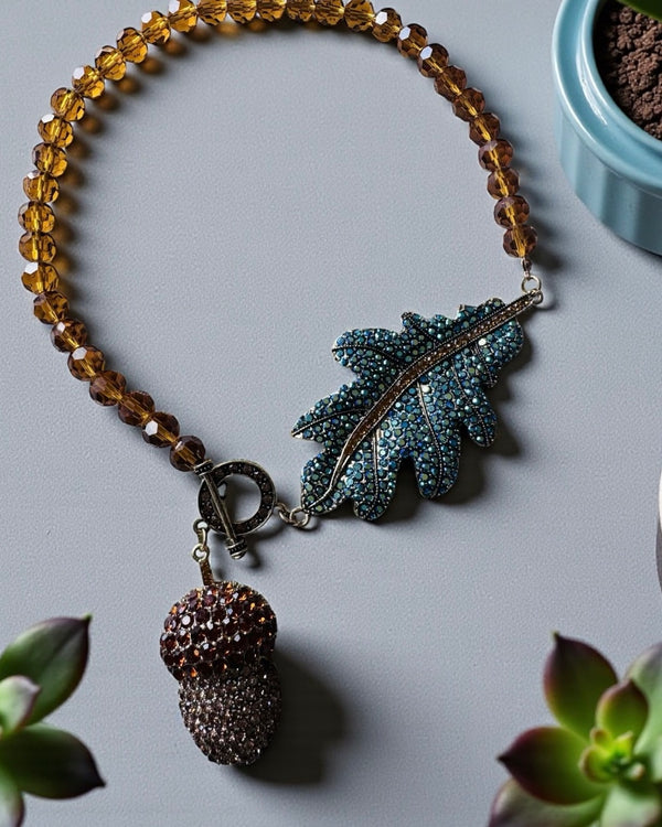 Amber Beaded Rhinestone Leaf and Acorn Choker Style Necklace