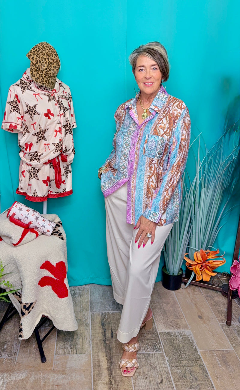 Multicolor Blue Mix Media Button Down Long Sleeve Top