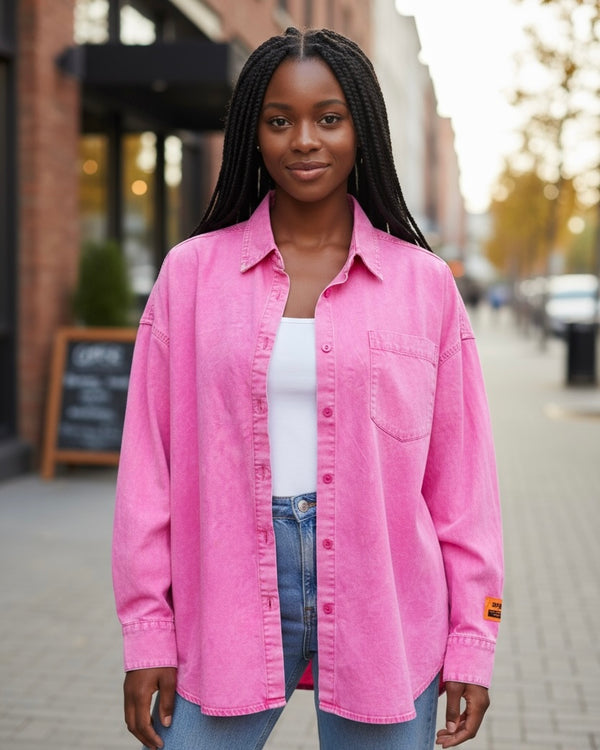 Pink or Blue Acid Wash Button Down Long Sleeve Collar Top