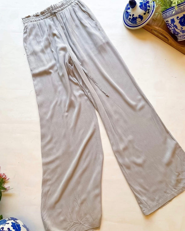 Light Gray High Rise Elastic Waist Pull On Wide Leg Flowy Pants