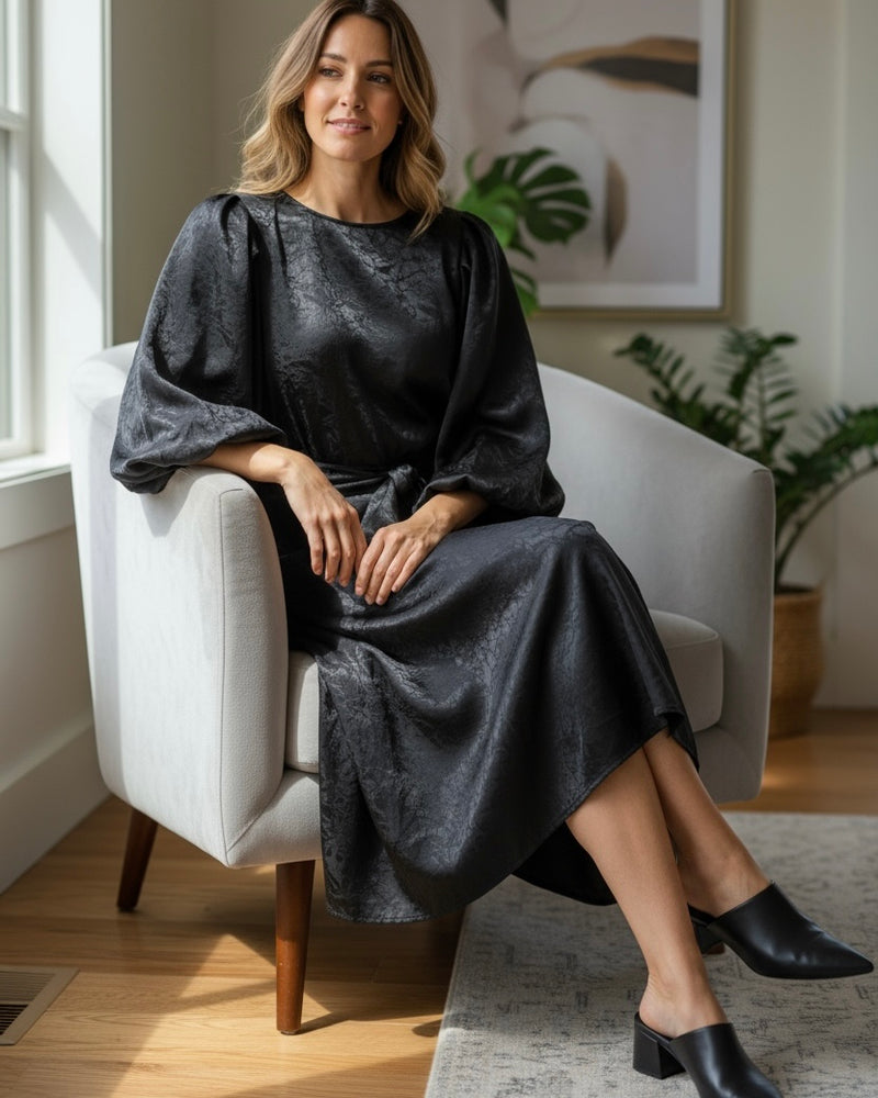 Long Black Satin Elastic Waist Long Sleeve Dress