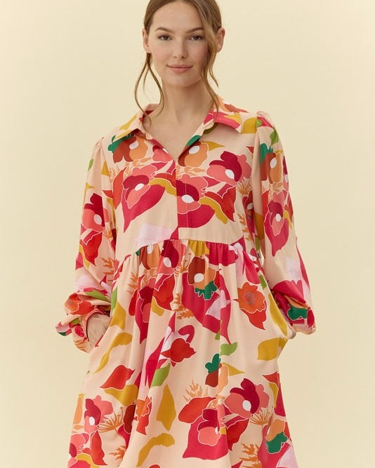 Multicolor Red & Yellow on Cream Floral Print Long Sleeve Open Neck Collared Empire Dress