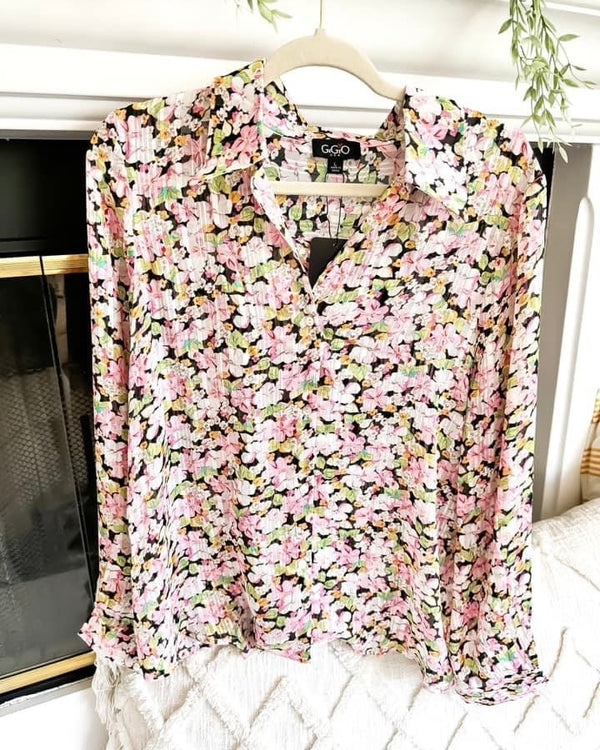 Green or Pink Gold Thread Black & White Floral Print Long Sleeve Blouse