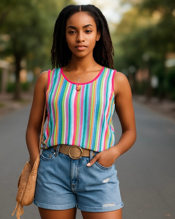 Multicolor Rainbow Striped Eyelet Knit Fabric Button Shoulder Sleeveless Tank Top