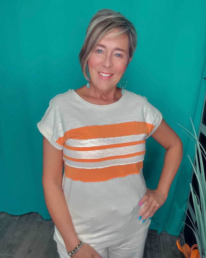 Cream Orange Stripe Short Sleeve Pullover Top