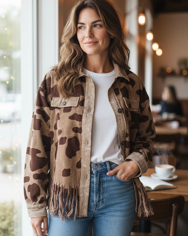 Brown on Brown Leopard Cow Animal Print Corduroy Buttoned Up Shirt Jacket