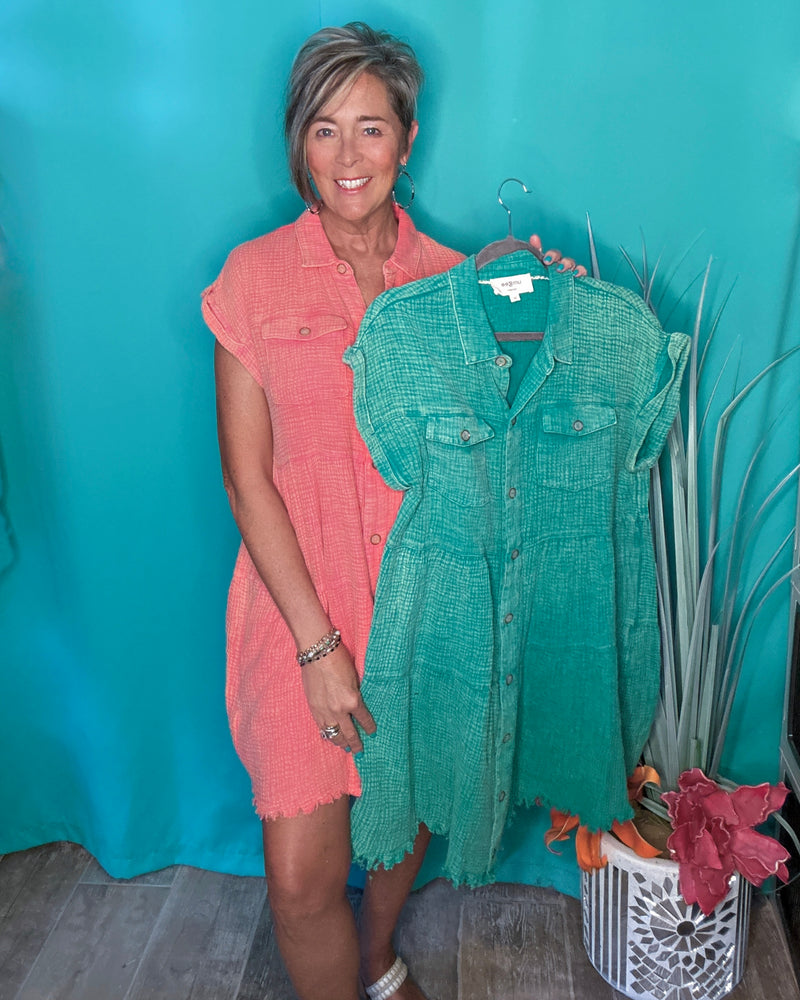 Green or Coral Mineral Washed Cotton Button Down Collared Neck Frayed Hem Short Sleeve Dress