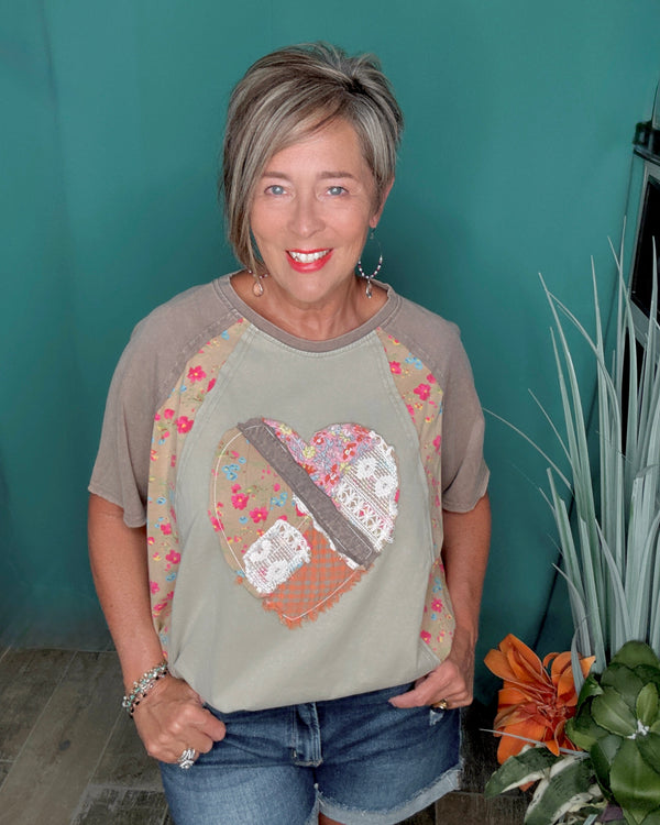 Brown & Khaki Heart Patch Mix & Match Mineral Wash Short Sleeve Top
