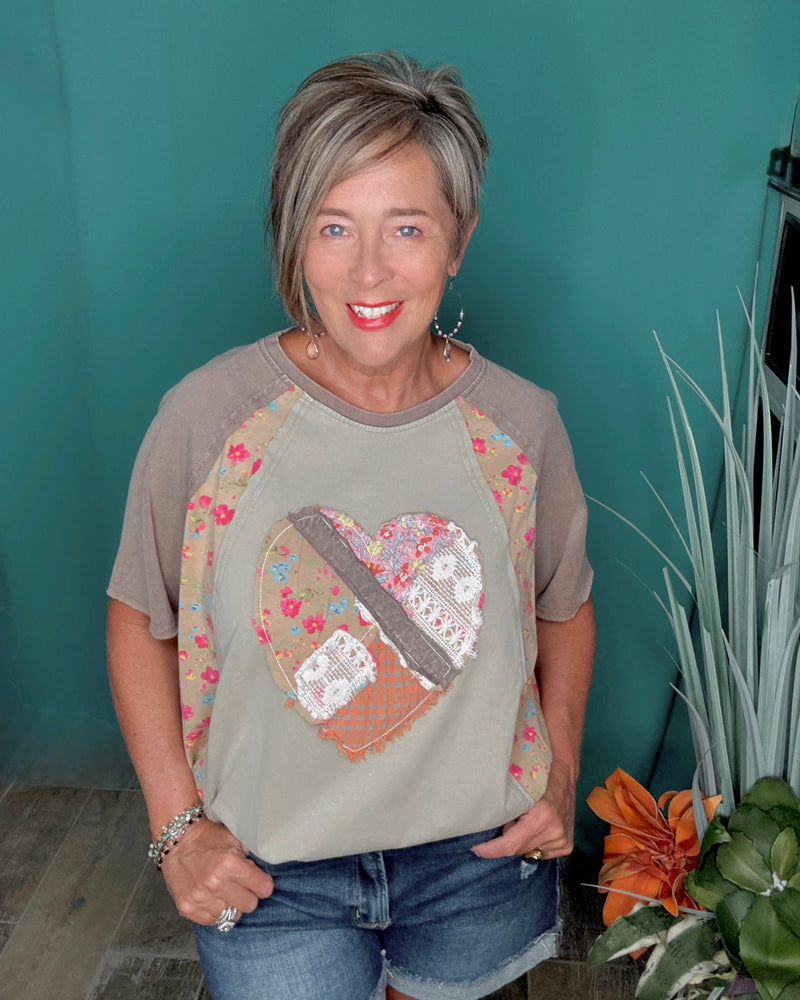 Brown & Khaki Heart Patch Mix & Match Mineral Wash Short Sleeve Top