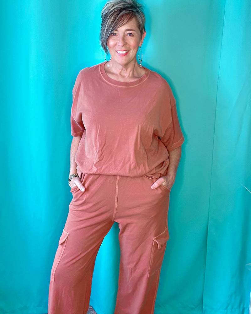 Emerald Green, Terra Cotta Nutshell, Pumice Cream or Slate Blue Organic Cotton Cargo Leg Lounge Sweat Pants