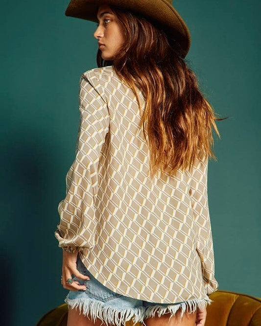 Fall Taupe & Cream Geometric Long Sleeve Button Down Collar Top