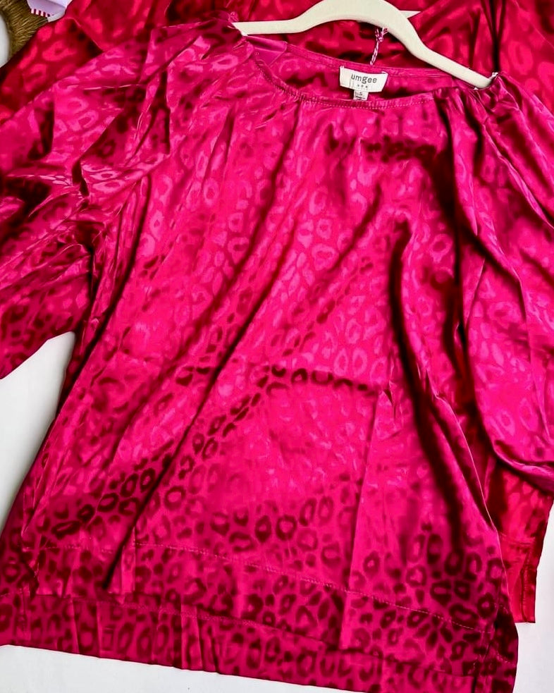 Cranberry Red Satin Short Bubble Sleeve Leopard Blouse