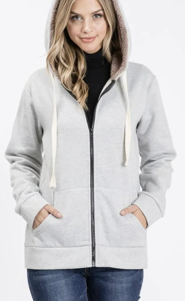 Grey Sweatshirt Zip Front Hoodie with Sherpa Lining