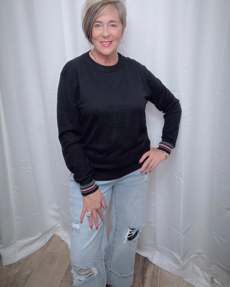 Solid Black or Gray Color Trim Lightweight Long Sleeve Sweater Knit Top