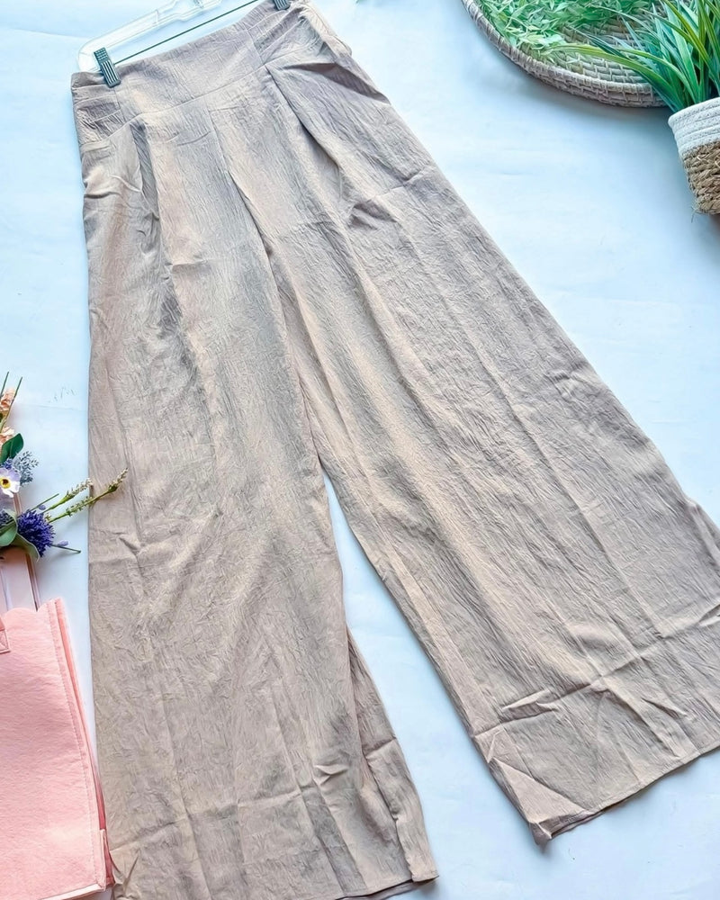 Khaki Tan Elastic Smock Waist Wide Leg Palazzo Pants