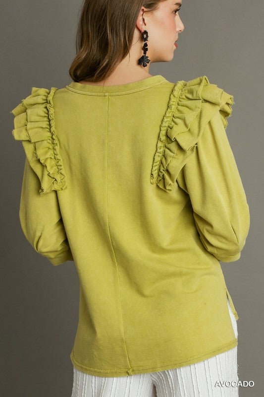 Avocado Green Boxy Cut Mineral Wash French Terry Ruffle 3/4 Sleeve Top