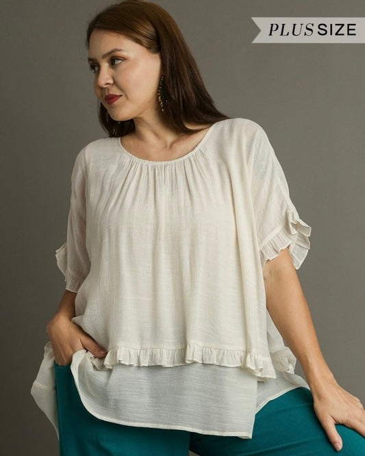 Plus Size Off White Ivory Layered Ruffle 3/4 Short Sleeve Tunic Top