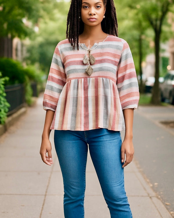 Vertical Peach & Cream Striped Cotton 3/4 Puff Sleeve Babydoll Drawstring Neck Style Top