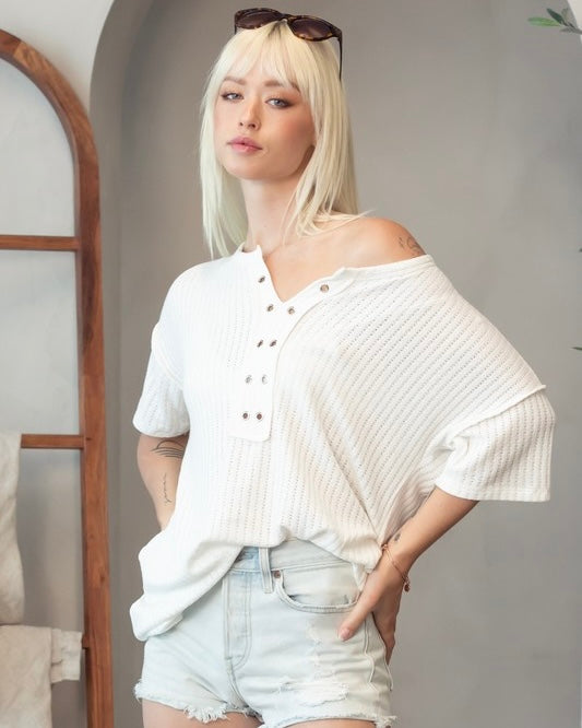 Blue, Tan or White Diana Eyelet Grommet Short Sleeve Tunic Top