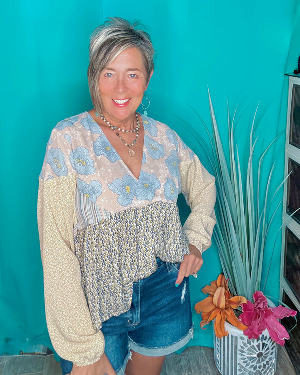 Khaki & Blue Mix Media Block Print Long Elastic Sleeve VNeck Blouse Top