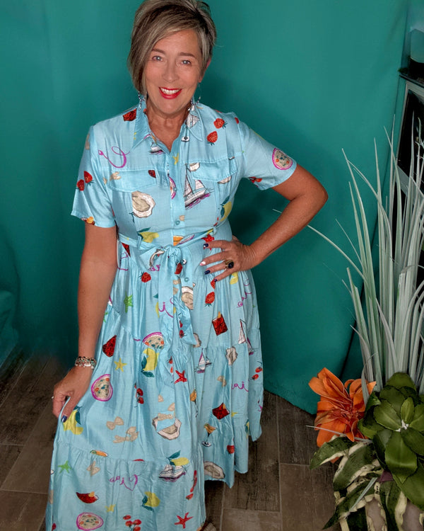 Blue Tropical Vacay Print Button Down Collar Short Sleeve Tier Midi Dress