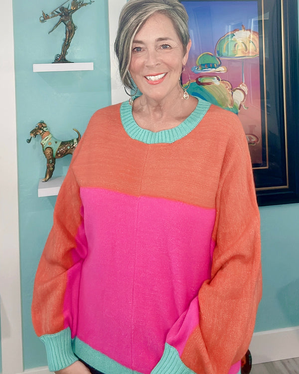 Orange & Pink Color Block Long Sleeve Sweater