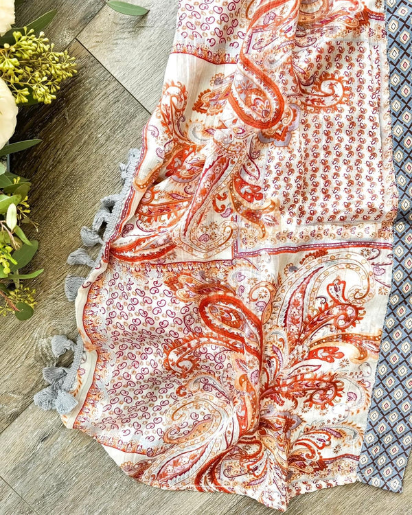 Plus Size Cream Mix with Paisley Rust Orange and Blue & White Trim Lightweight Boho Open Front Kimono