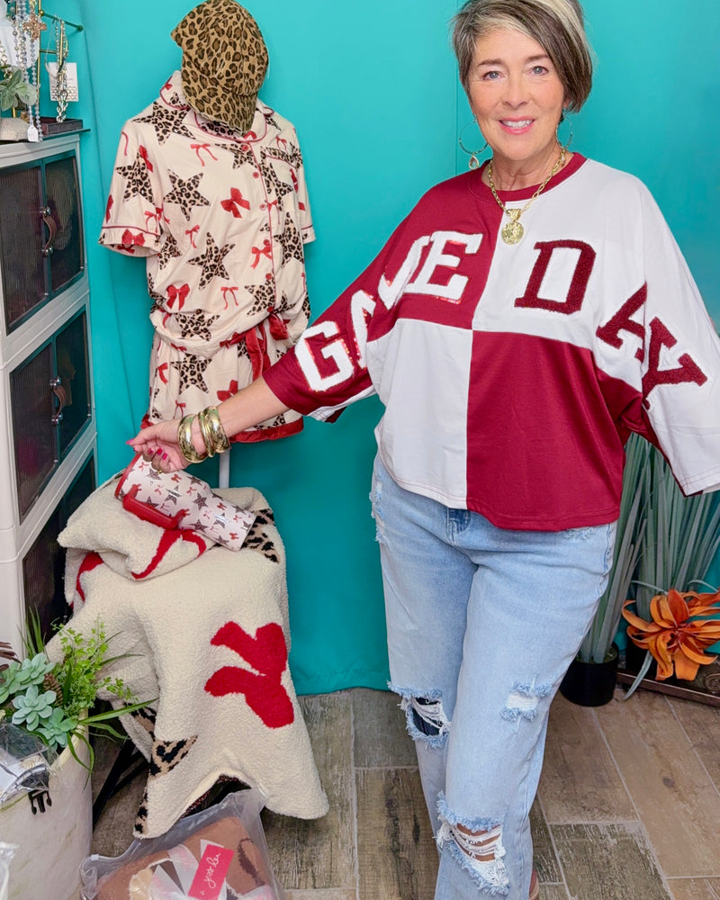Huddle Up Color Block "Game Day” Chenille Patch 3/4 Sleeve Pullover Top