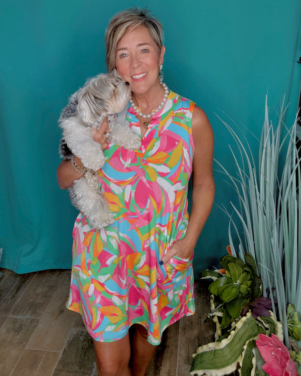 Pink, Blue & Green Multicolor Tropical Floral Print Sleeveless Open Neck Dress