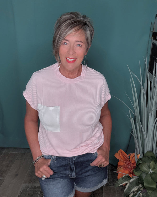 Pink Ribbed Short Sleeve Contrasting Chest Pocket Top