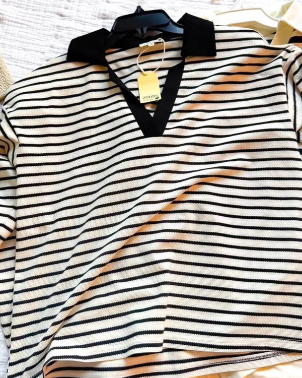 Black & White Striped Open Collar Contrasting Solid Trim Neck Long Sleeve Pullover Top