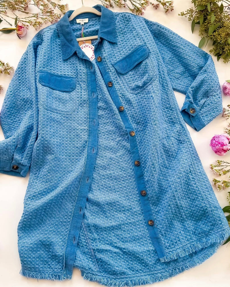 Denim Blue Waffle & Corduroy Trim Texture Frayed Edge Long Sleeve Shacket Dress