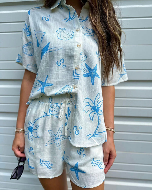 White w/Blue Beach Starfish, Palm Trees & Shell 2 Pc Lounge Short & Button Down Short Sleeve Top