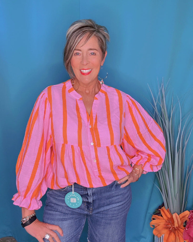 Pink w/Orange Stripe Long Balloon Sleeve Button Down Blouse