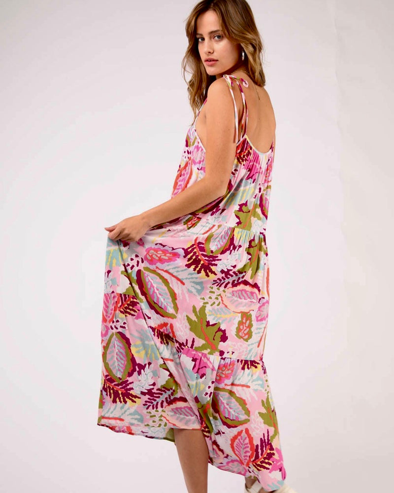 Pink Tone Tropical Print Sleeveless MIDI Sundress