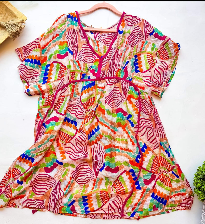 Multicolor Printed Coverup Short Sleeve VNeck Mini Dress