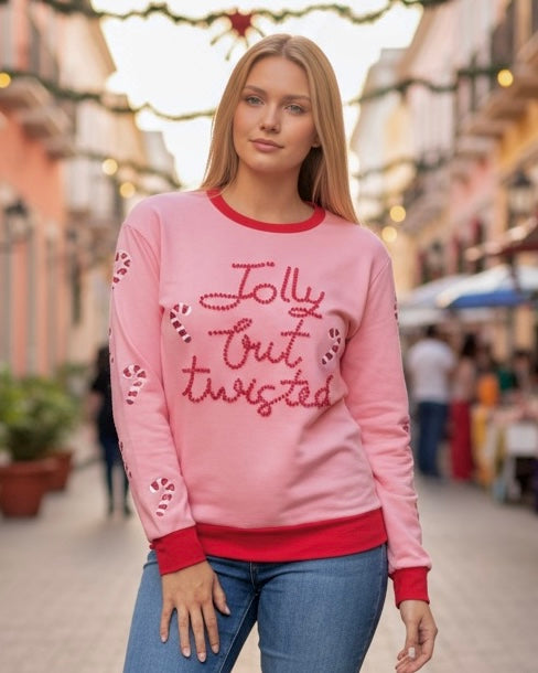Pink w/Red "Jolly But Twisted" Long Sleeve Christmas Candy Cane Sweatshirt