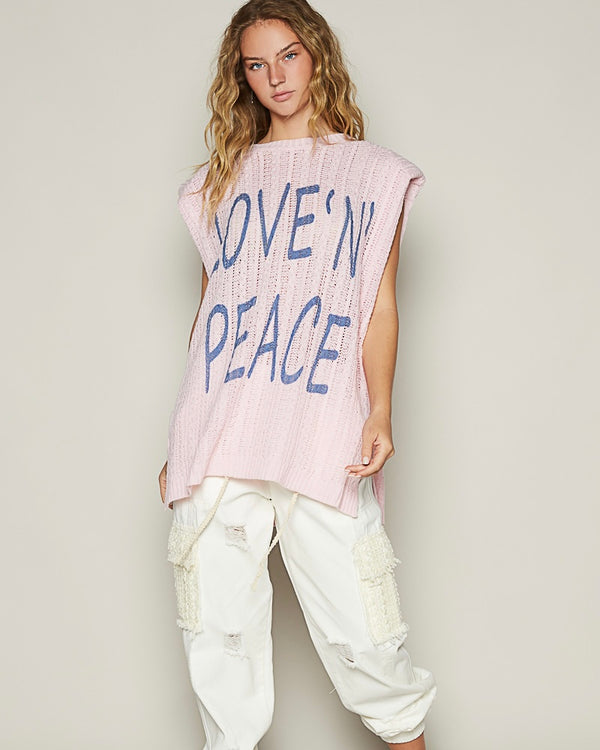 Pink "Love N Peace" Acrylic Knit Sleeveless Tunic Top
