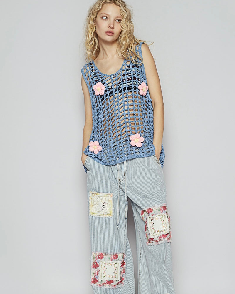 Blue Hollowed Out Sleeveless Knit Pullover Top