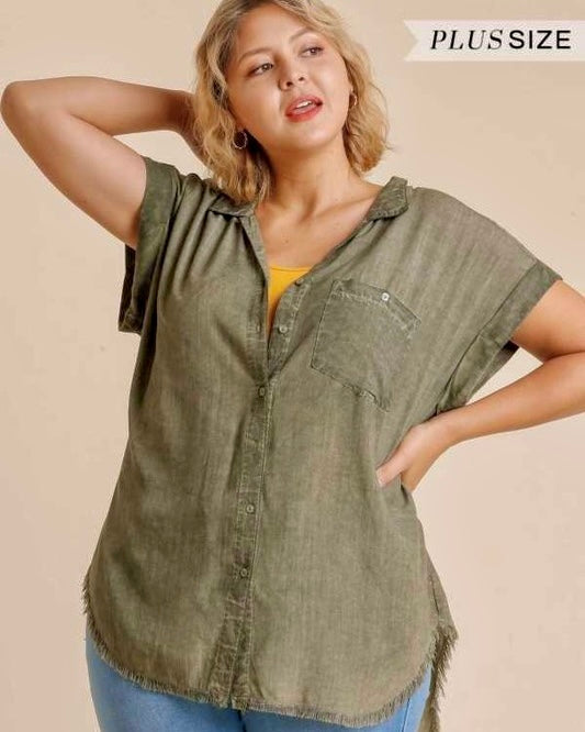 Plus Size Navy Blue or Olive Green Washed Button Down Frayed Hem Short Sleeve Top