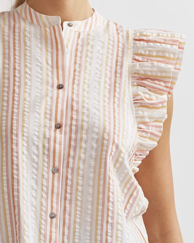 Light Pastel Textured Stripe Button Up Tiered Ruffle Short Sleeve Top