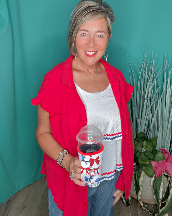 True Red Button Down Short Sleeve Gauze Top