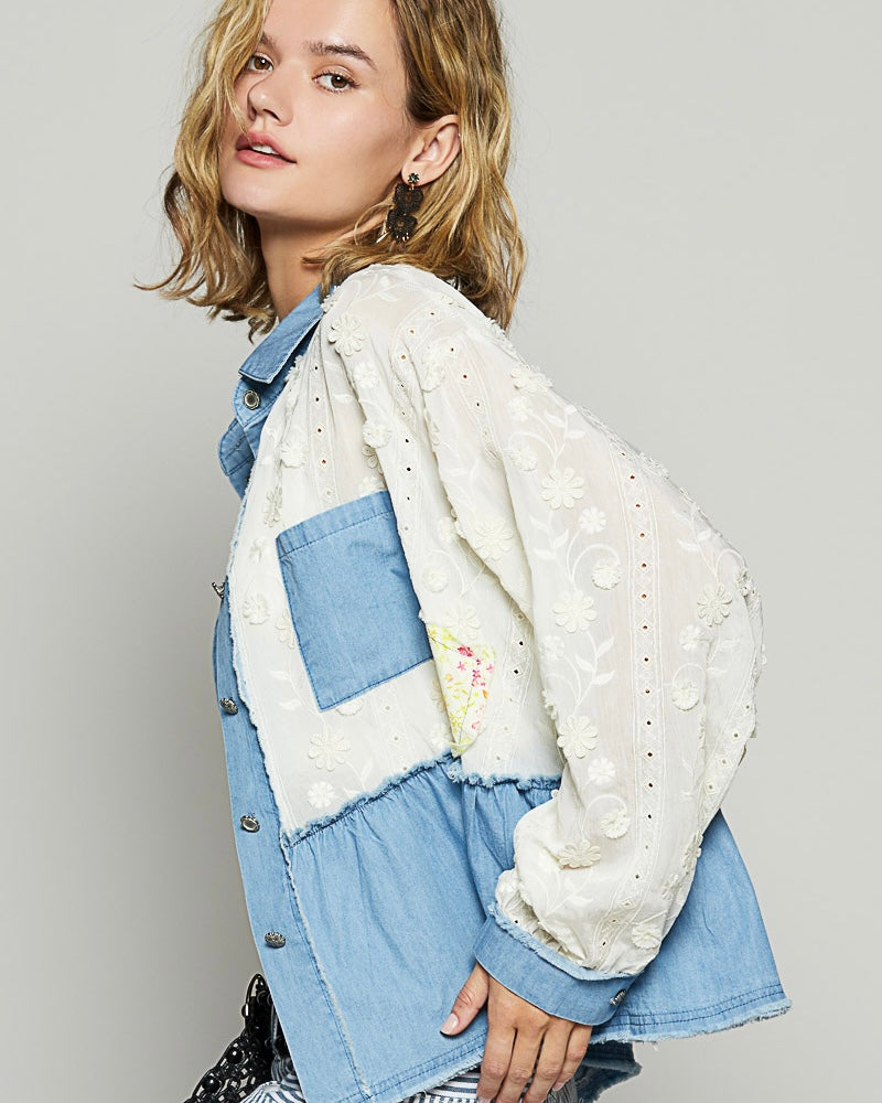 Light Denim & Lace Long Sleeve Collar Button Down Shirt Jacket