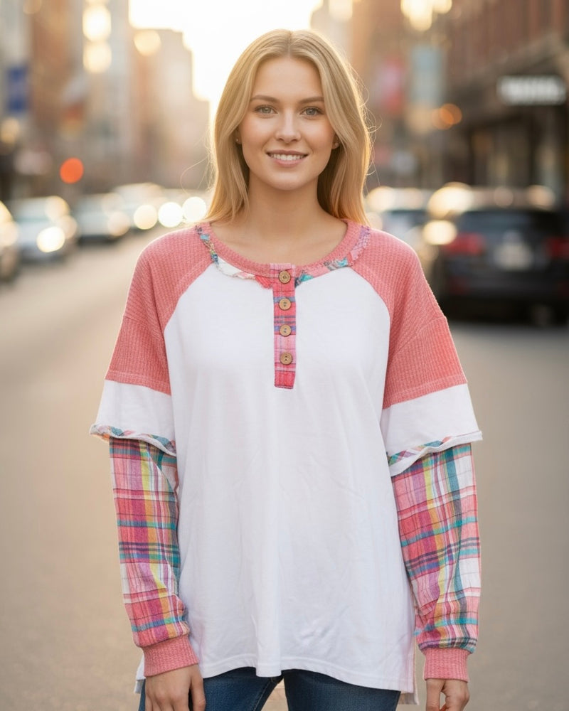 Brown or Blush Boho Texture Plaid Mix Media Button Neck Long Sleeve Top