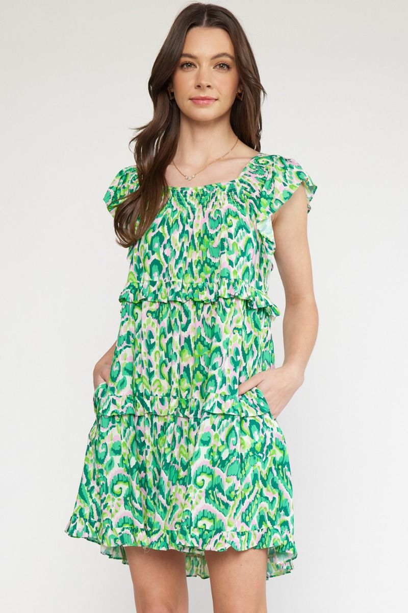 Green & White Tier Ruffle Tunic Top/Dress with Ruffle Cap Sleeves and Pockets