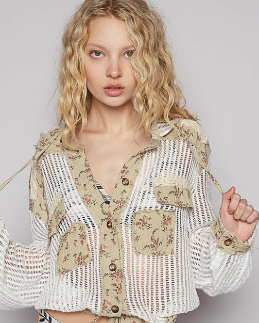 White & Olive Floral Contrast Open Knit Button Down Pocket Hoodie Long Sleeve Shirt Shacket Top